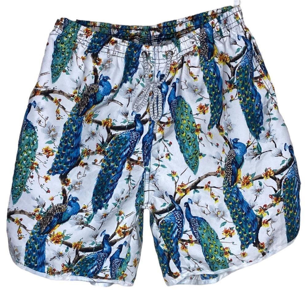 Quick Dry Men’s Sz Med Peacock Cherry Trees Flowers Swim Trunks Board Shorts
